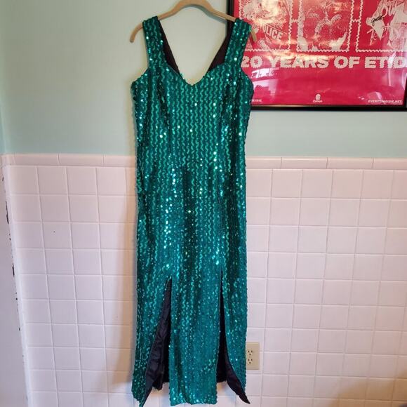 Vintage 80s Teal Sequin Embellished Sleeveless V Neck Mermaid Maxi Dress - Picture 3 of 16
